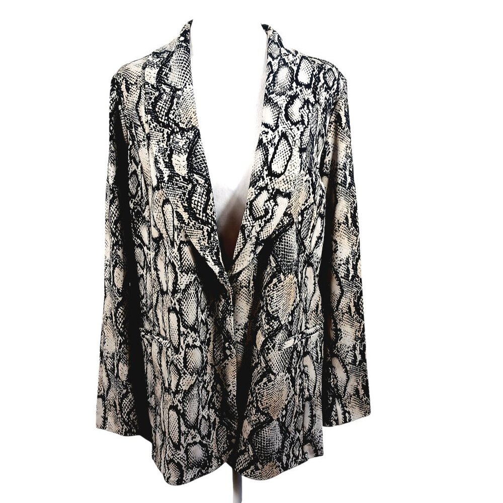 Susan Graver Liquid Knit Snake Print Blazer Jacket Gray/Black/ Gold Brown Sz LP